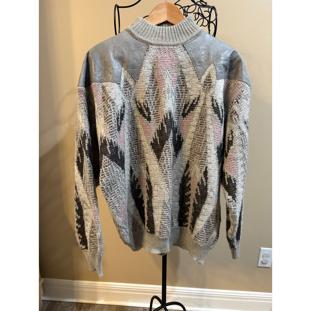 80' Streetwear Grunge Knit Geometric Mock Neck Sweater Trim Accent XL